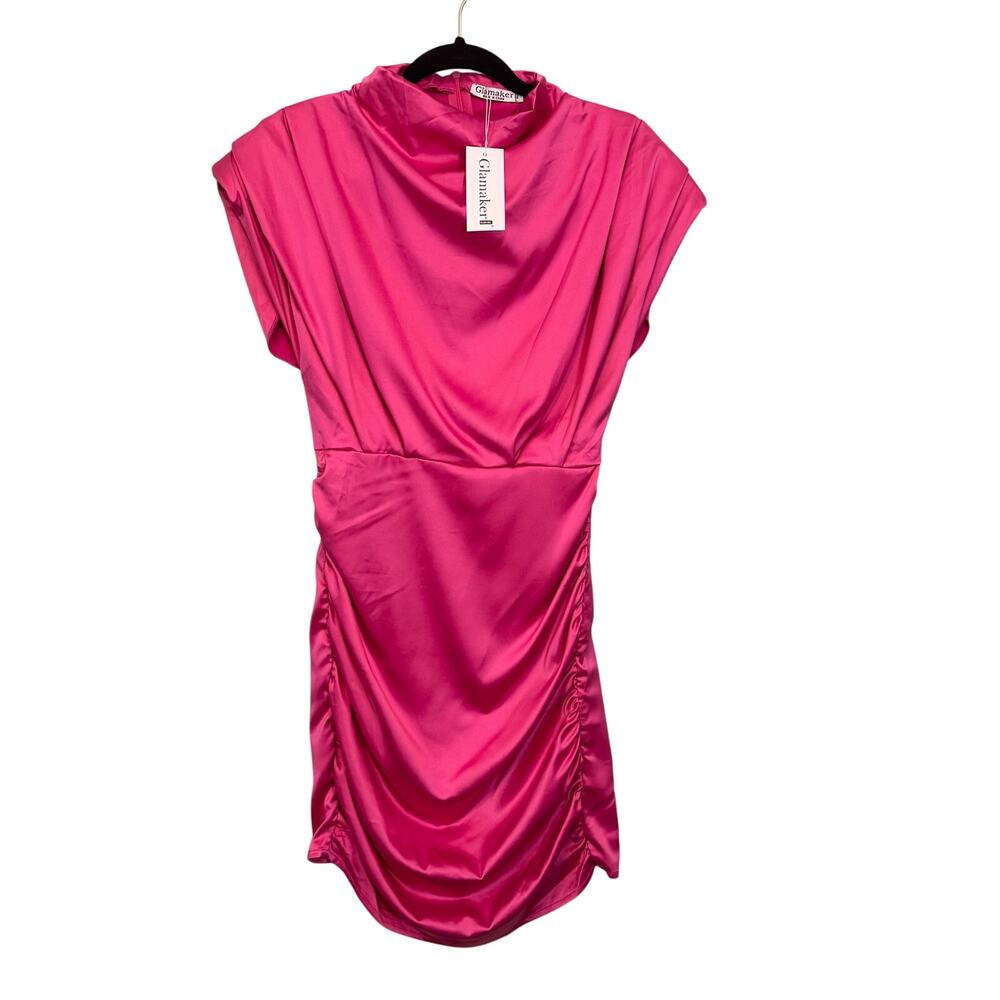 Glamaker Ruched Mini Dress Large Pink Bodycon Mock Neck Shoulder Pad Party NWT